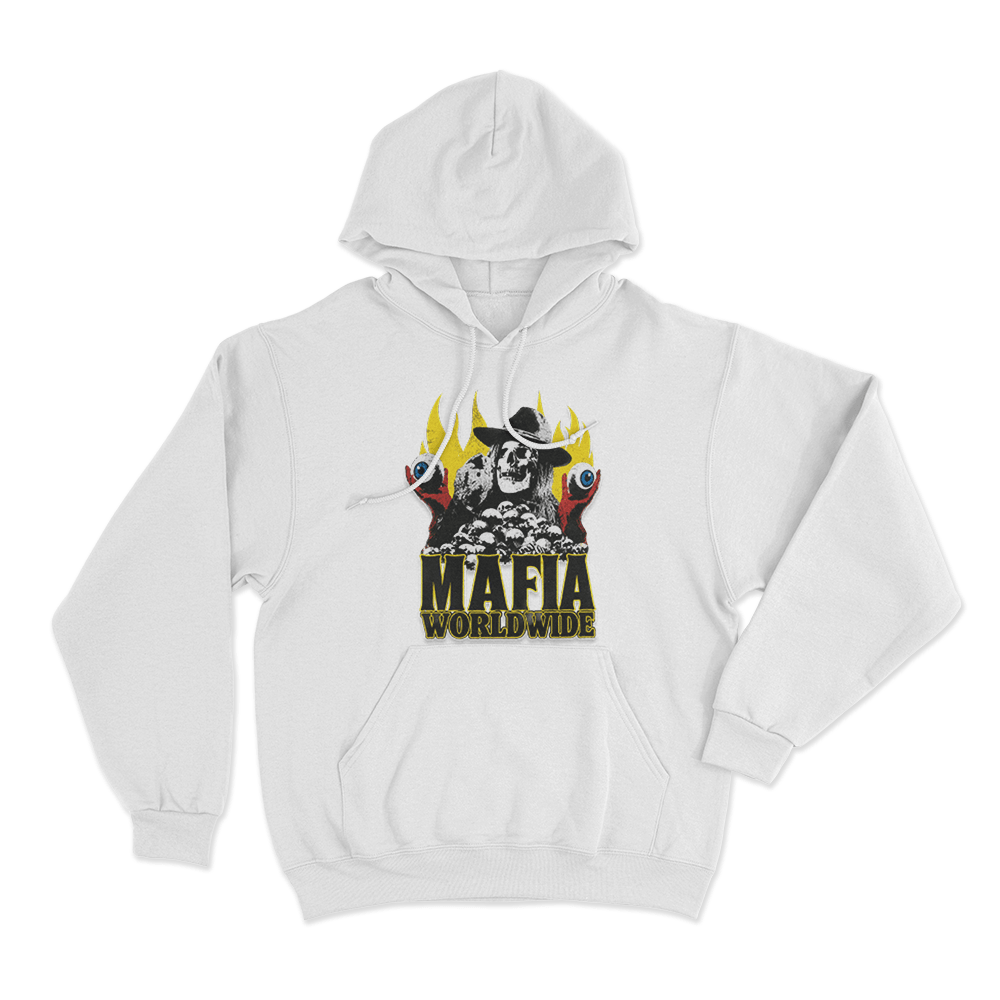 Mafia Skull Flames Unisex Hoodie White Mafia Skull Flames Unisex Hoodie White